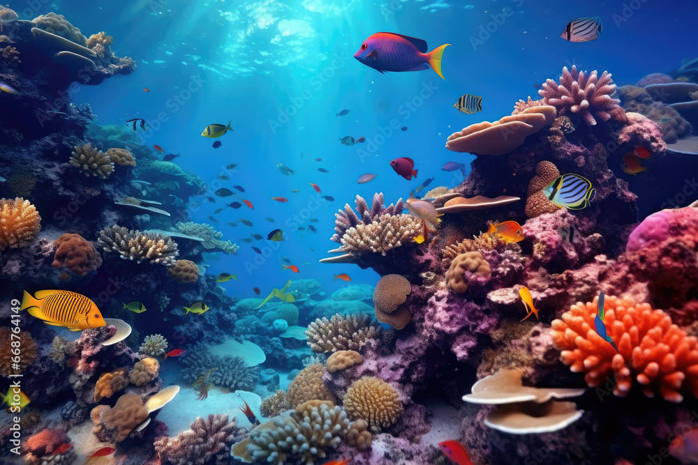 Underwater with colorful sea life fishes and plant at seabed background, Colorful Coral reef landscape in the deep of ocean. Marine life concept, Underwater world scene. - obrazy, fototapety, plakaty 