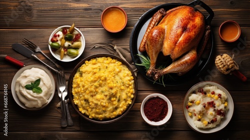 Top view of Traditional Thanksgiving turkey dinner. Stuffed turkey, mashed potatoes, corn bread, mashed potatoes, dressing, pie on dark wooden background. photo