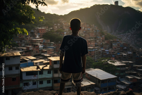 boy looks at the landscape of the favelas of a poor area of the city against the backdrop of the mountains.