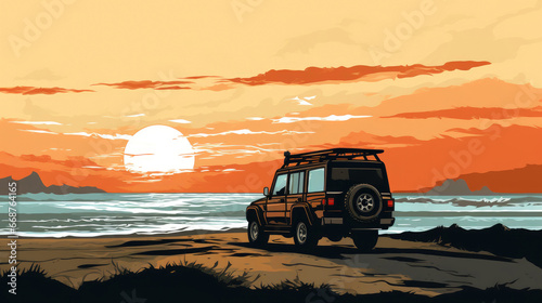 Coastal Adventure: SUV Silhouetted by the Ocean