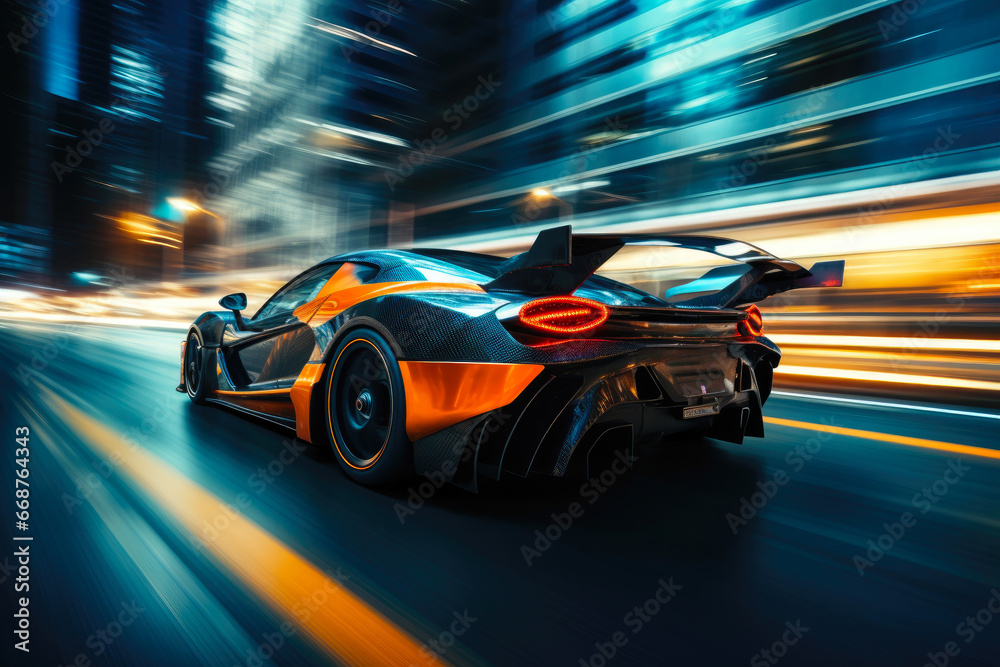 Obraz premium Cityscape Chase: Fast Car on Urban Roads
