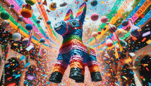 Foto Colorful funny donkey pinata hanging against blurry background with falling confetti