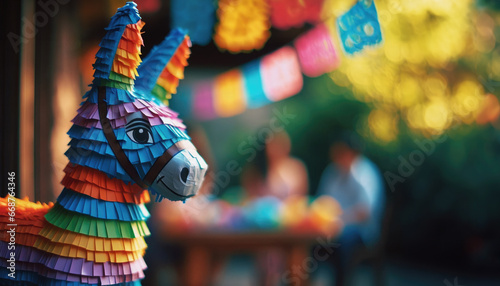 Colorful funny donkey pinata against blurry background with papel picado. Hispanic decoration for Las Posadas photo