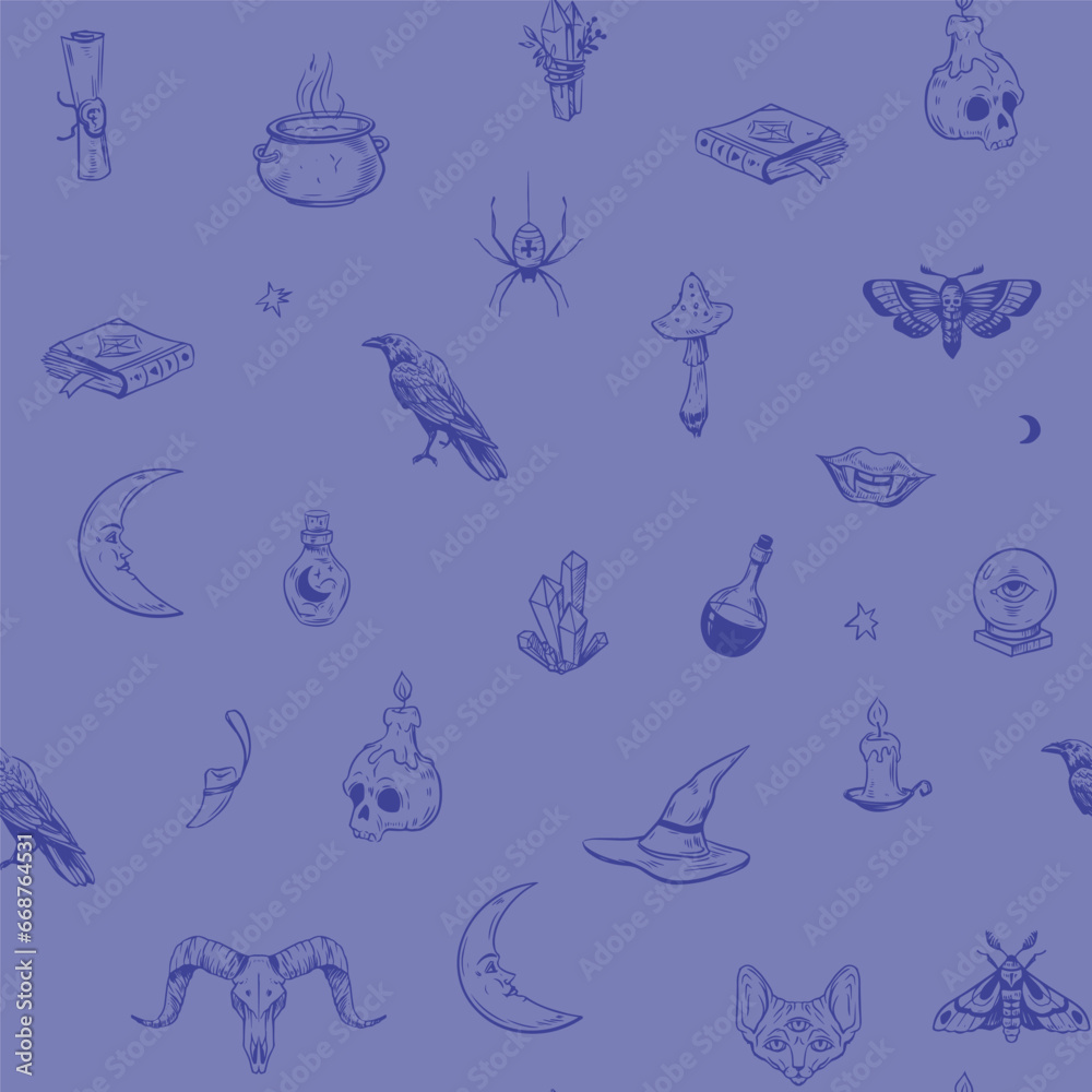 Magical objects outline illustrations. Dark magic, Halloween, witch's tools. Seamless vector pattern