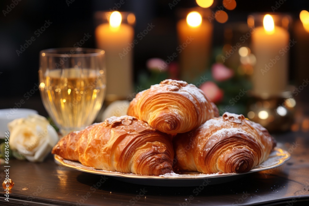 Freshly baked Golden croissant and tasty pastries on a wooden table, french breakfast background Freshly baked Golden croissant and tasty pastries on a wooden table, french breakfast background