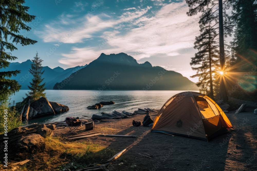 Camping. Tent on the shore of a lake against the backdrop of a beautiful forest and mountains. Hiking and travel concept.