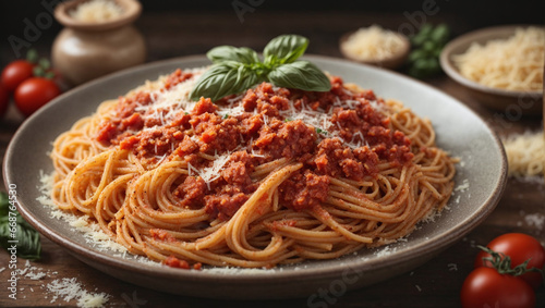 A rustic Italian pasta dish with al dente spaghetti  rich tomato sauce  and a generous sprinkle of Parmesan cheese.