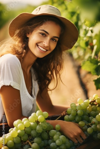Smiling beautiful woman winegrower is harvesting grapes