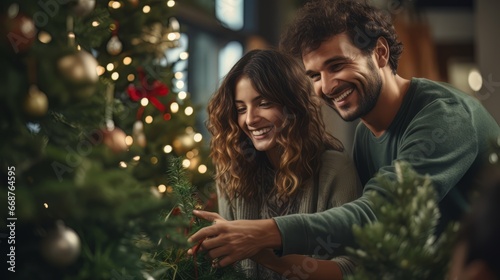 Smiling couple decorates a Christmas tree. Christmas tree time, happy moments. Horizontal banking background for web. Photo AI Generated