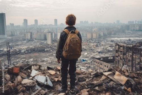 child looks at a city heavily damaged by the war.