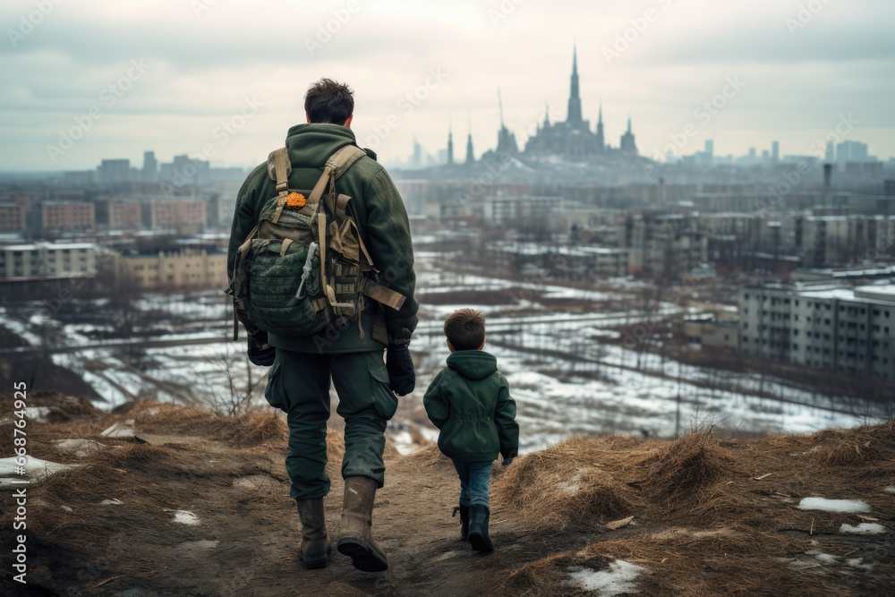 Naklejka premium father and child walk through a destroyed city.