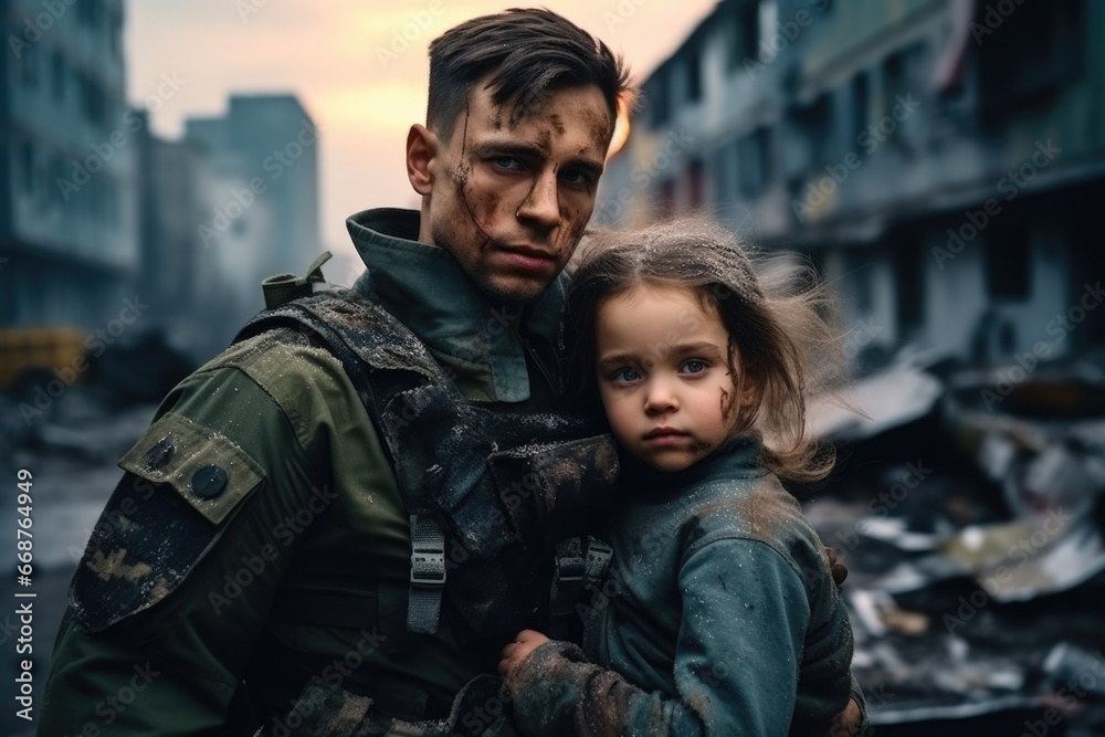 child in the arms of the soldier who saved her against the backdrop of a ruined city.