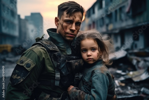 child in the arms of the soldier who saved her against the backdrop of a ruined city.