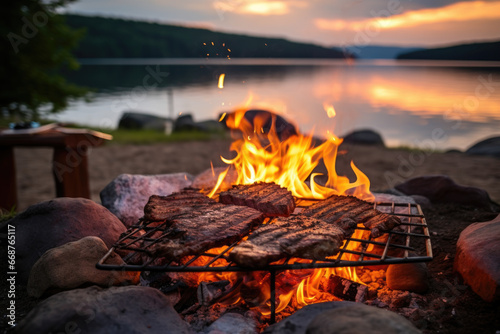 Camping. Cooking steak over coals on the shore of the lake.
