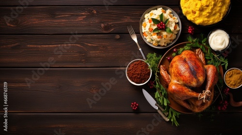 Traditional Thanksgiving turkey dinner. Stuffed turkey, mashed potatoes, corn bread, mashed potatoes, dressing, pie on dark wooden background.