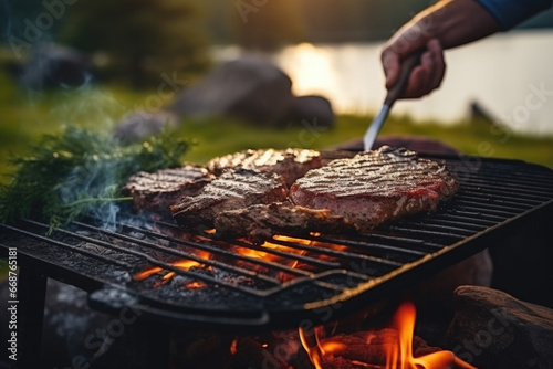 Grilling steak on the shore of a beautiful lake. Camping.