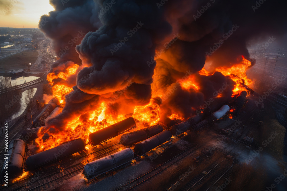 Apocalyptic Scene: Aerial Photo of Burning Tank and Derailed Train Apocalyptic Scene: Aerial Photo of Burning Tank and Derailed Train