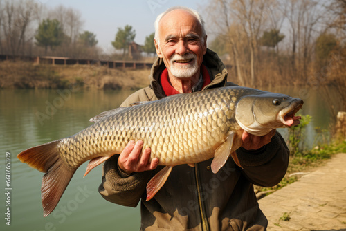 smiling elderly fisherman holds a large fish he caught against the backdrop of a lake.