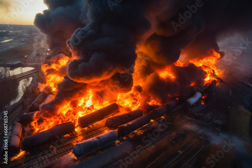 Apocalyptic Scene: Aerial Photo of Burning Tank and Derailed Train