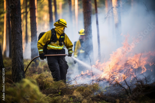 Firefighters extinguish a forest fire. Cataclysms, saving nature. photo