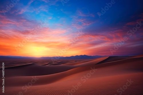 Dawn's Embrace: Endless Desert Under a Warm Starlit Sky