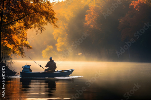 fisherman sitting on a boat catches fish with a fishing rod against the backdrop of a beautiful morning landscape.