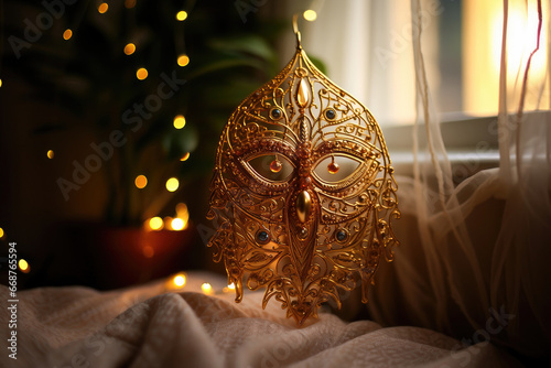 A beautifully detailed golden Venetian mask adorned with jewels, set against a soft backdrop of shimmering lights and drapery. photo