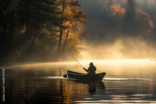 fisherman on a boat catches fish with a fishing rod against the backdrop of a beautiful morning landscape.