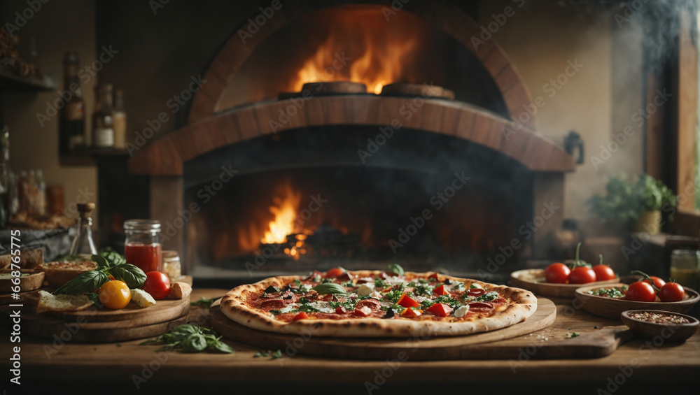 An artisanal pizza scene, featuring a wood-fired oven, pizza paddles, and a variety of fresh toppings.