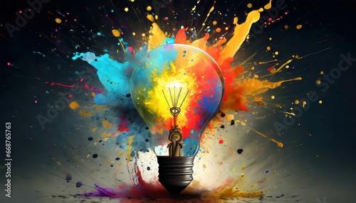 Creative idea concept with light bulb with colorful explosion on dark background