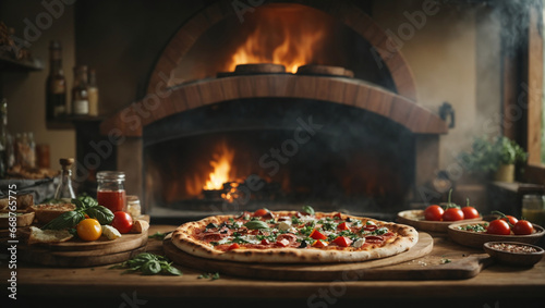 An artisanal pizza scene, featuring a wood-fired oven, pizza paddles, and a variety of fresh toppings.