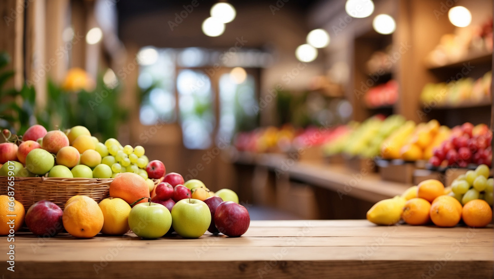 fruit on a wooden table with a blurry fruit shop background