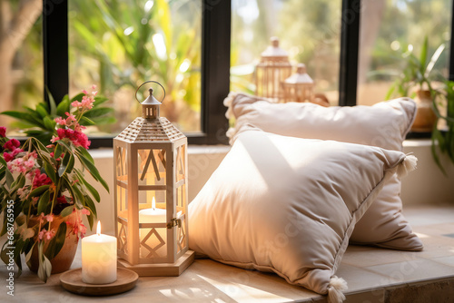 Cozy interior with glowing lantern, plush pillows, and vibrant flowers by sunlit windows, embodying warmth and relaxation. #668765955