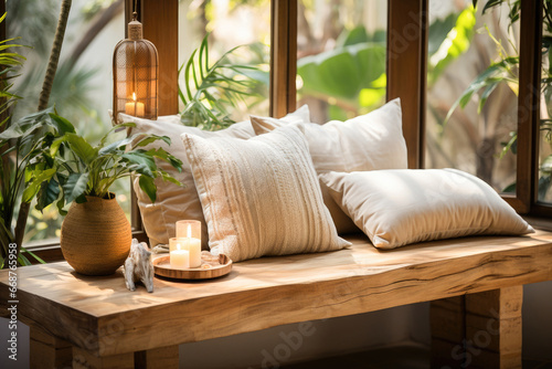Inviting nook with plush pillows, ambient candlelight, and tropical greenery creating a tranquil interior escape.