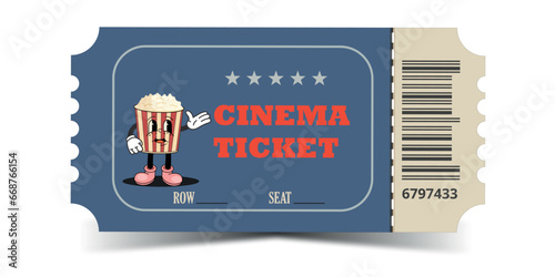 Retro cinema ticket. Groovy cinema ticket with cute popcorn character. Vector illustration