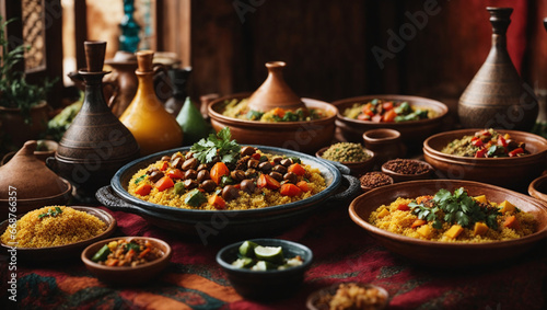 An exotic Moroccan feast with tagines, couscous, and a colorful assortment of mezze.