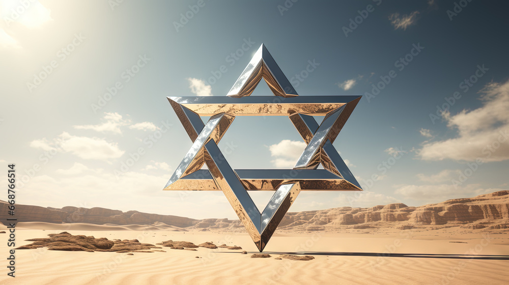 Metallic David star in the sand of desert. Shiny 3D Israel symbol of Magen David. Metallic David star in the sand of desert. Shiny 3D Israel symbol of Magen David.