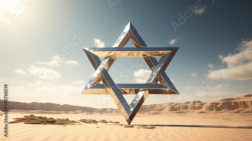 Metallic David star in the sand of desert. Shiny 3D Israel symbol of Magen David. photo