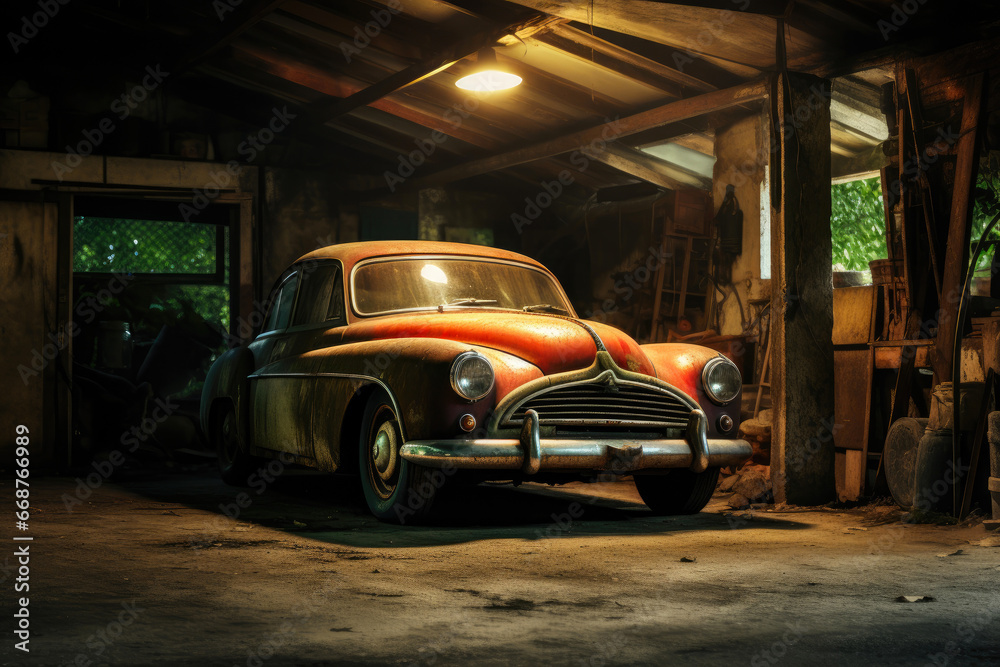 Antique Car Rests in Vintage Garage Space