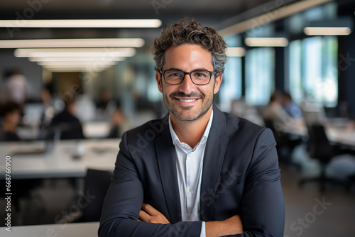 Head shot portrait smart confident smiling man standing at work. Professional business photo of male employee in glasses in the office, finance, marketing, it, bank field of activity.  photo