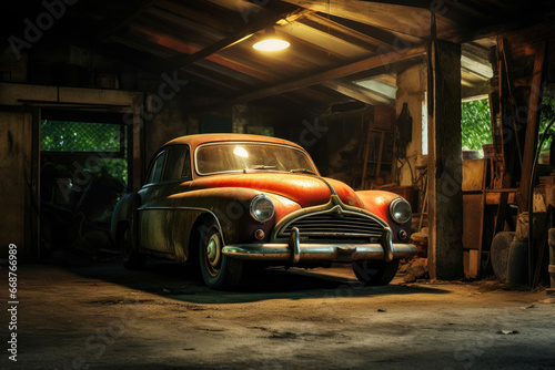 Antique Car Rests in Vintage Garage Space © Andrii 
