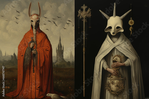Medieval styled occult art with skeleton and monsters. Ancient icon or old book illustration with mystic religious scene.