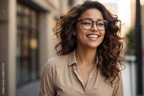 Laughing Beautiful Young Woman with Glasses and Curly Hair on City Background