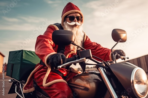 Cool Santa Claus with sunglasses driving on a motorcycle with presents