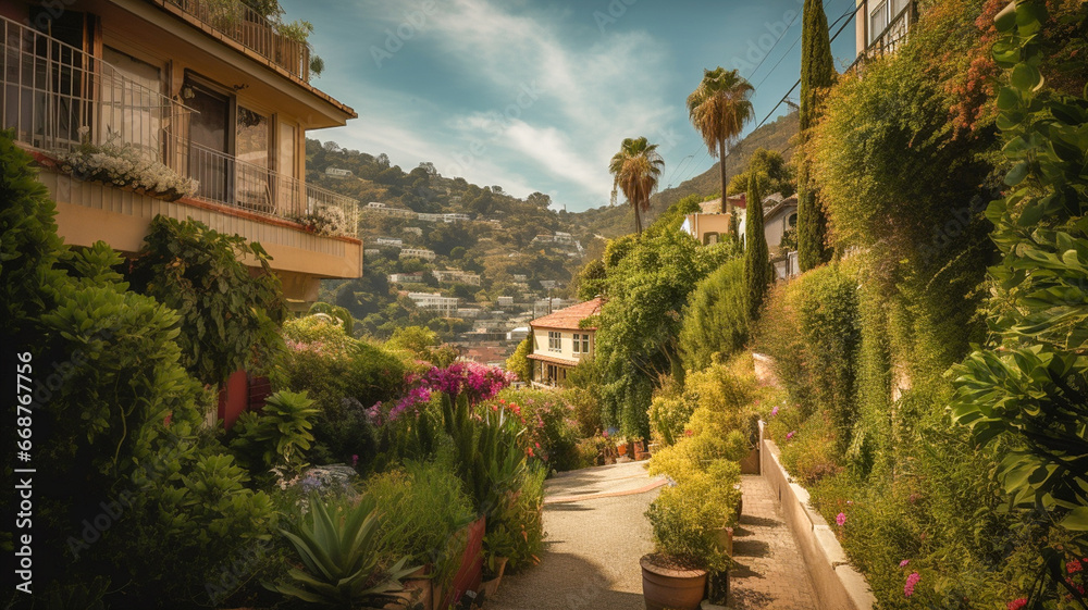 Stylish luxury houses perched on lush hillsides adorned with vibrant flowers and swaying palm trees offer a captivating oasis of elegance and natural beauty