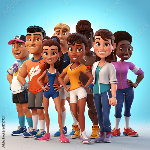 Studio portrait of 3d cartoon characters. Happy cgi people on clear background.