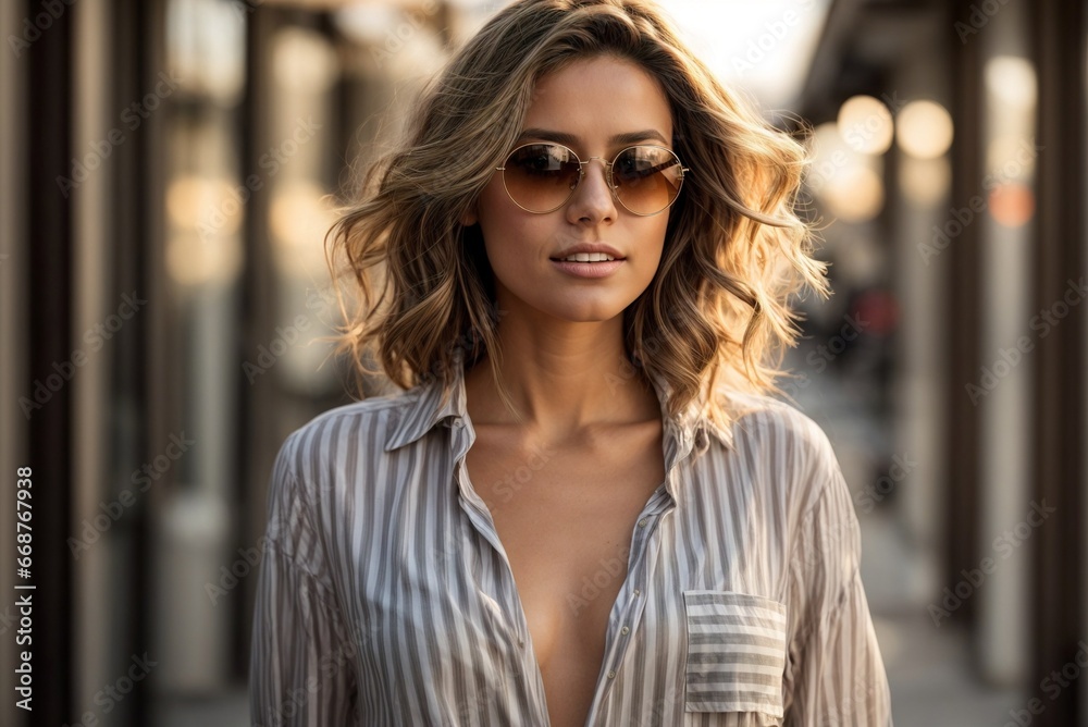 Model in Sunglasses and Striped Shirt