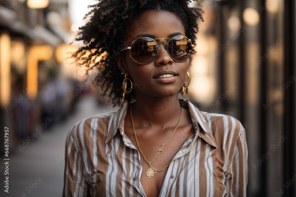 Beautiful Model in Stylish Sunglasses and Striped Shirt: Advertising Portrait of an African-American Girl