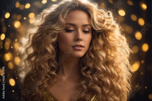 Golden Goddess: Stunning Portrait of a Young Woman with Luscious Curly Locks