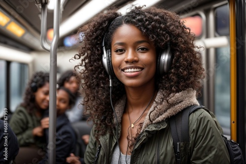 Smiling Girl in Headphones on Public Transport